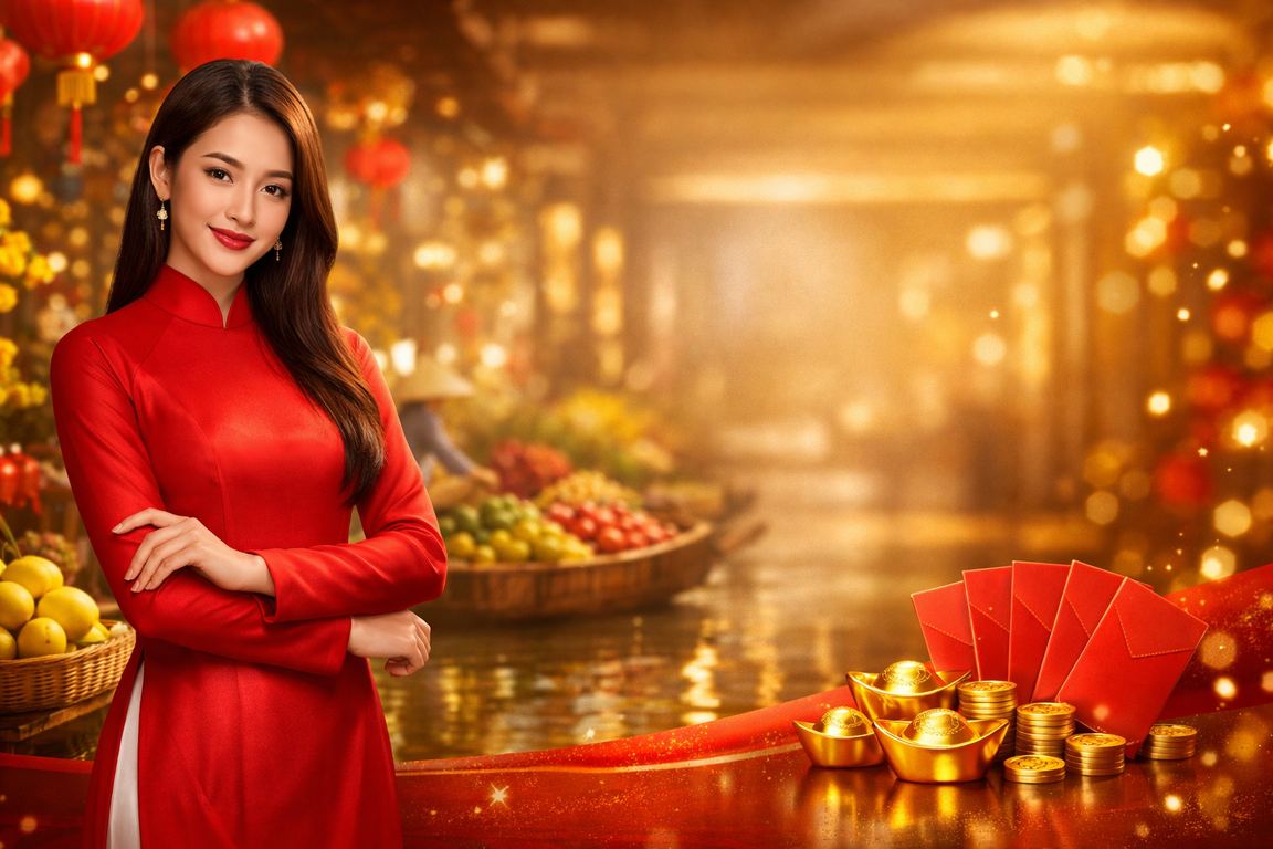 Người phụ nữ mặc áo dài bên bao lì xì đỏ vùng Mekong – không khí xổ số ngày lễ Việt Nam